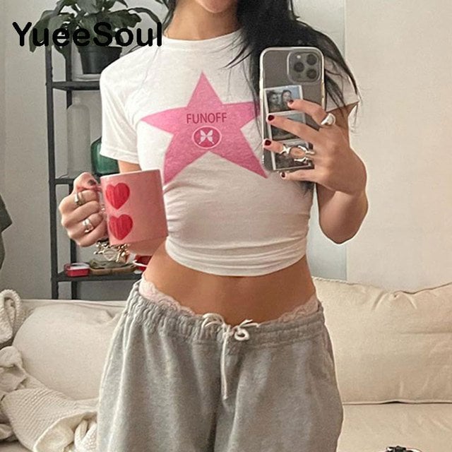 Vintage Pembe Yıldız Baskılı  Funoff Kısa Kollu Crop