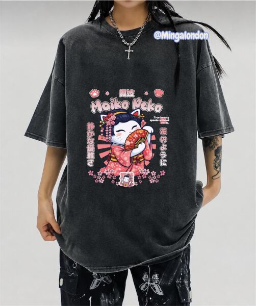 Yıkamalı Kumaş Maiko Neko Baskılı Oversize T-Shirt