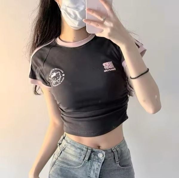 Black Pink Kitty Büzgülü Crop