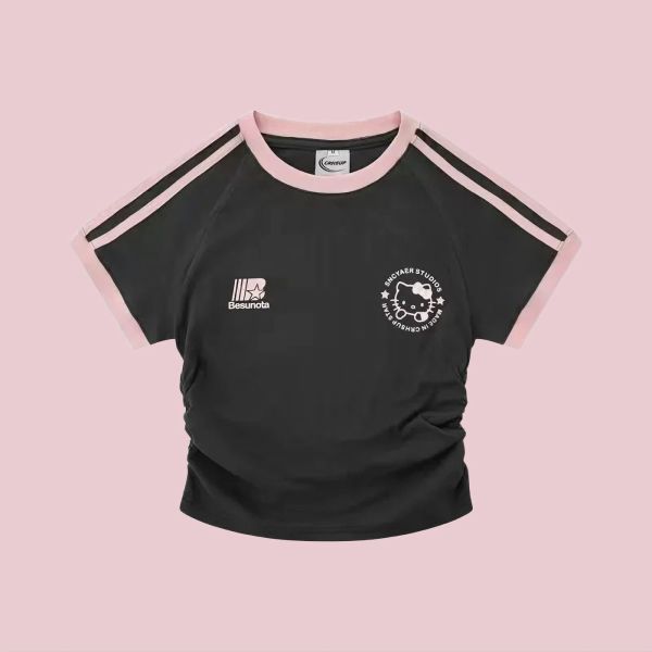 Black Pink Kitty Büzgülü Crop