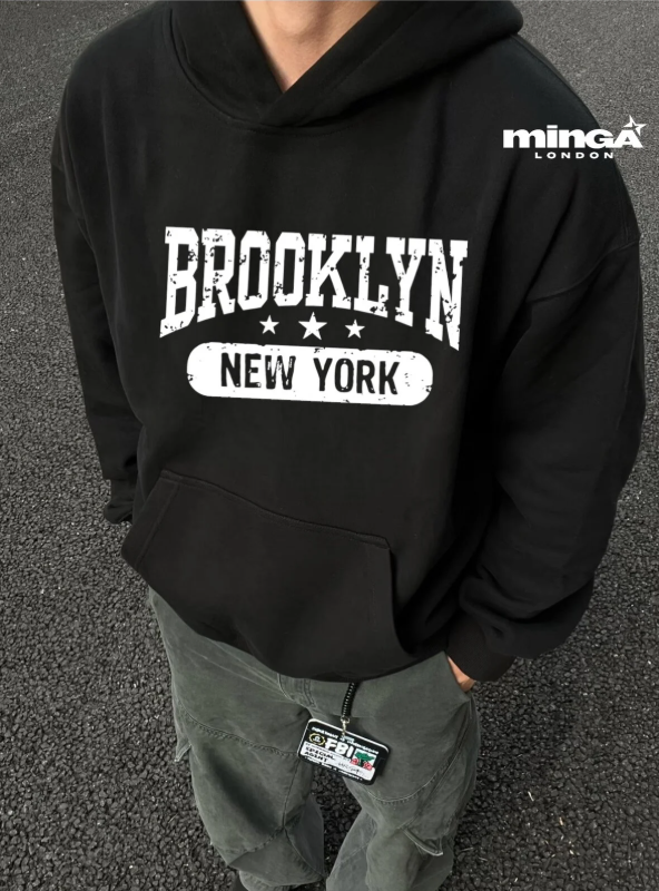 Siyah Brooklyn baskılı oversize Sweatshirt