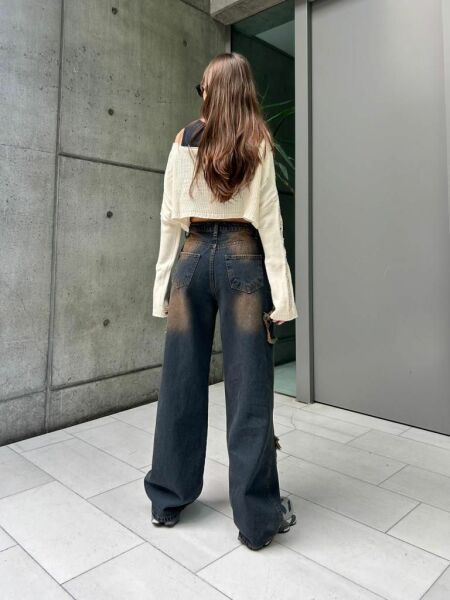 Y2k Lacivert Taşlanmış Star Patch Detay Pantolon