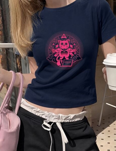 Error Mistik Kedi Baskılı Lacivert Kemer Boy Y2K Kısa Kollu Crop