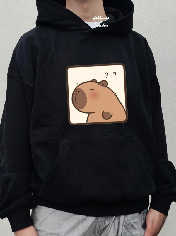 Siyah Capybara Baskılı Oversize Unisex Sweatshirt