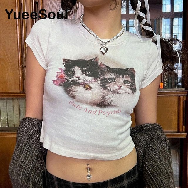 Cute and Psycho Beyaz Kısa Kollu Crop