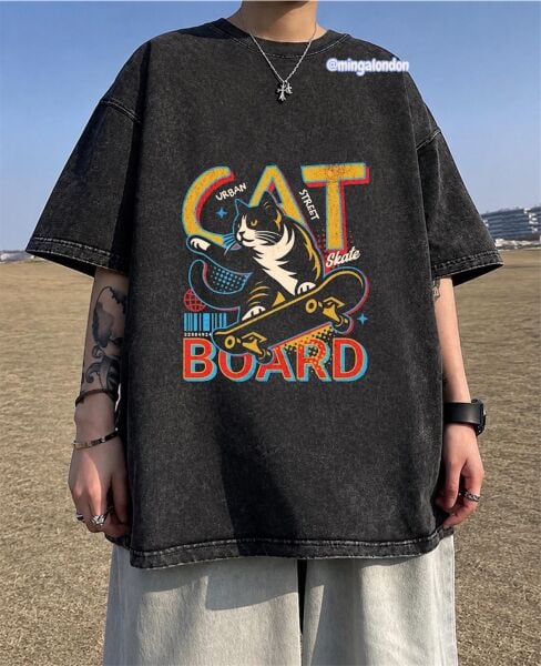 Yıkamalı Kumaş Cat Board Baskılı Oversize T-Shirt