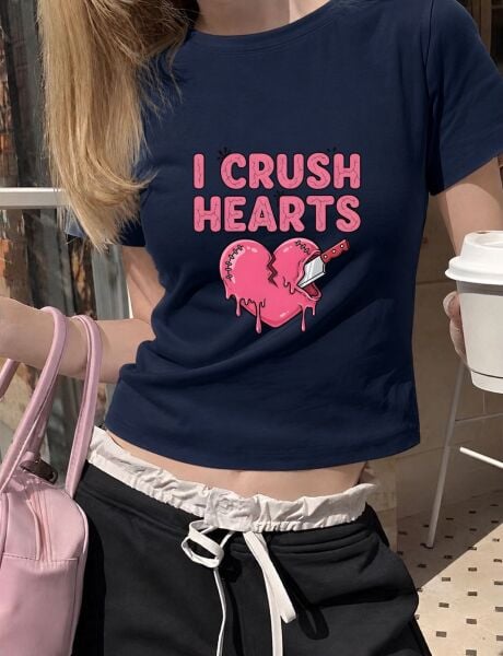 I Crush Hearts Baskılı Lacivert Kemer Boy Y2K Kısa Kollu Crop