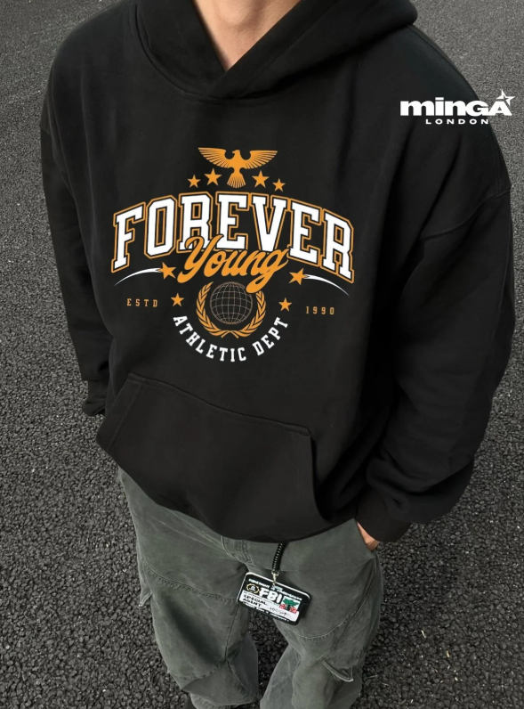Siyah Forever Young Baskılı Oversize Unisex Sweatshirt