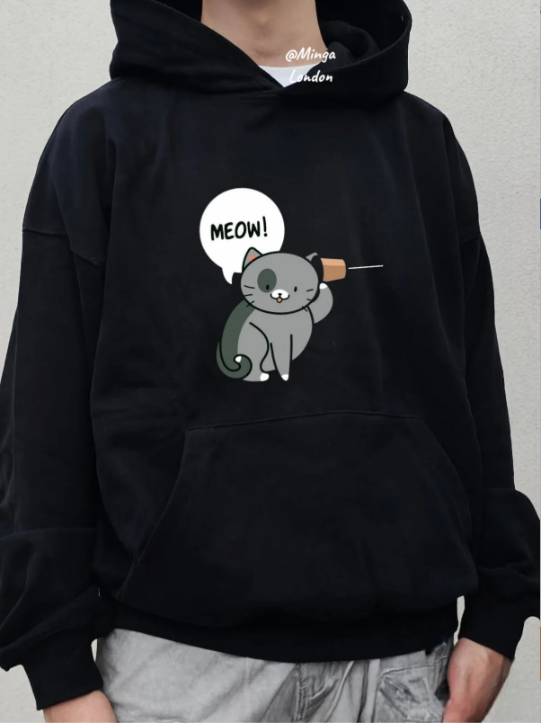 Siyah Grey Meow Baskılı Oversize Unisex Sweatshirt