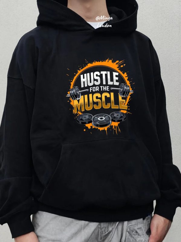 Siyah Hustle for the muscle baskılı oversize Sweatshirt