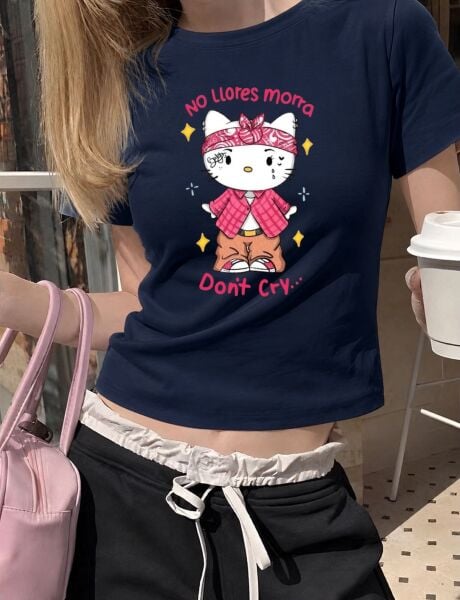 No Llores Morra Hello Kıtty Baskılı Lacivert Kemer Boy Y2K Kısa Kollu Crop