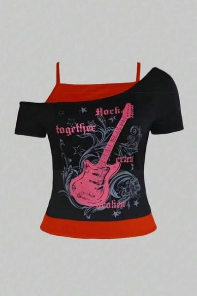 Siyah Rock Together Pink Guitar Ek Askılı Kısa Kollu Full Body Crop