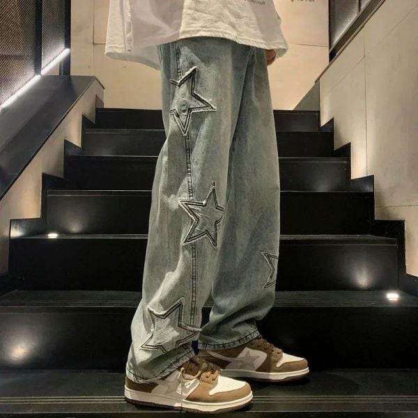 Y2k Stars Patch Detay Vintage Mavi Yıkamalı Pantolon