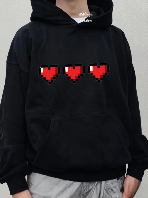 Siyah Pixel Heart Baskılı Oversize Unisex Sweatshirt
