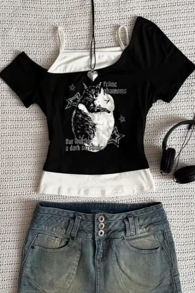 Siyah Balance Cat Our Love Is Ek Askılı Kısa Kollu Full Body Crop