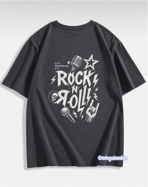Rock In Roll Sırt Baskılı Füme T-Shirt