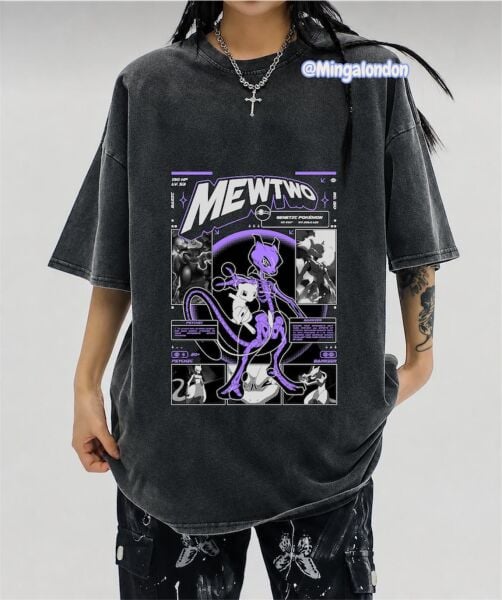 Yıkamalı Kumaş Mewtwo Baskılı Oversize T-Shirt