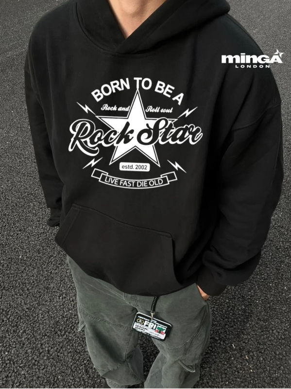 Siyah Rock Star baskılı oversize Sweatshirt