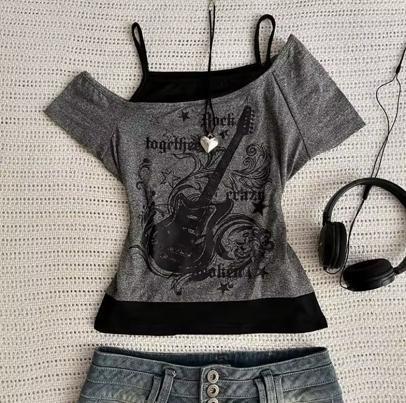 Gri Guitar Ek Askılı Kısa Kollu Full Body Crop