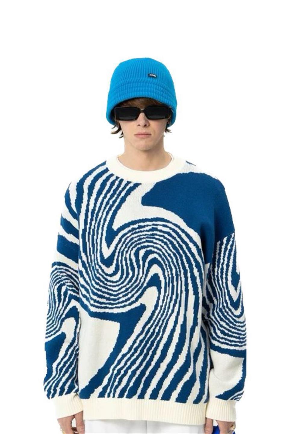 Vintage Harajuku Kore Style Asimetrik Desenli Unisex Oversize Ecru Kazak