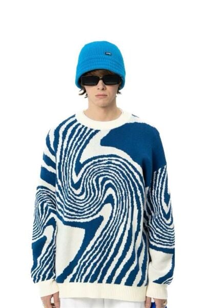 Vintage Harajuku Kore Style Asimetrik Desenli Unisex Oversize Ecru Kazak