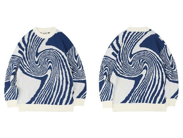 Vintage Harajuku Kore Style Asimetrik Desenli Unisex Oversize Ecru Kazak