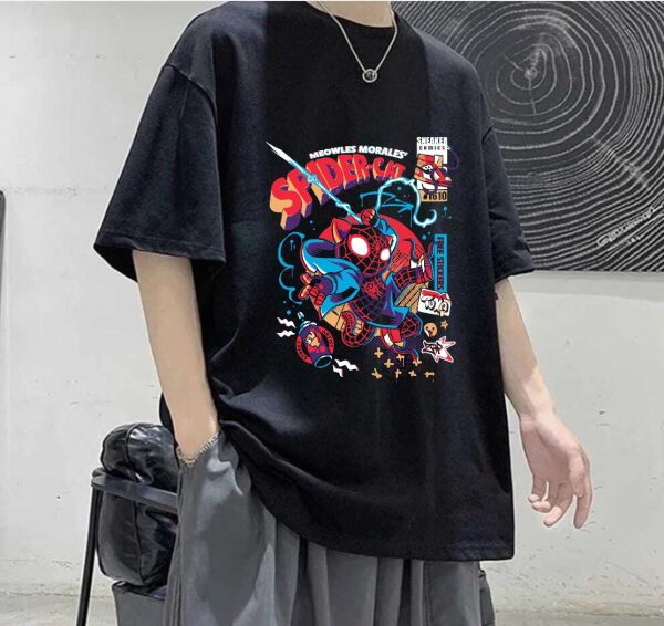 Spirder Cat Baskılı Siyah T-Shirt
