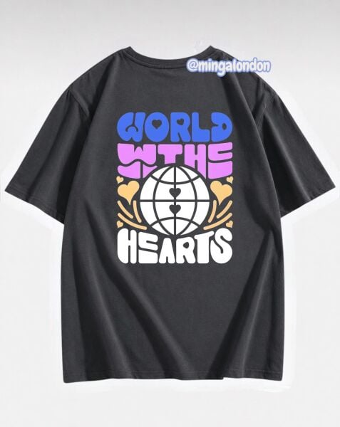 World The Hearts Sırt Baskılı Füme T-Shirt
