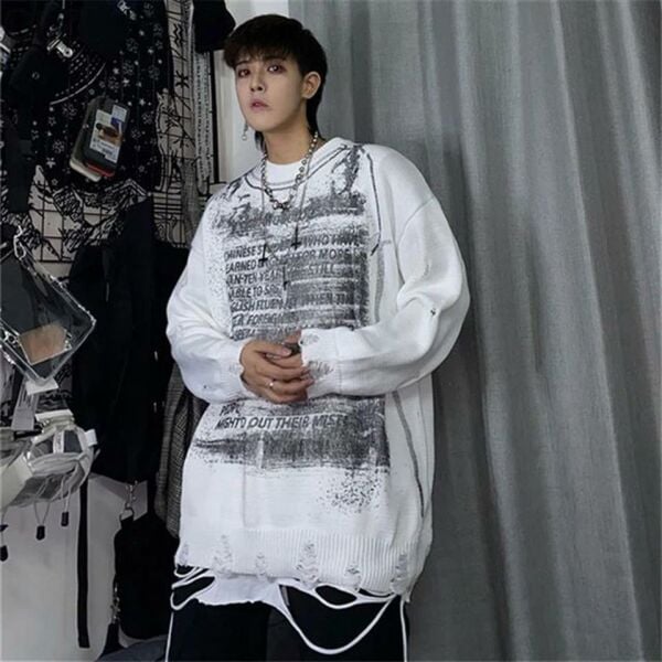 Vintage Harajuku Graffiti Desenli Unisex Oversize Ecru Kazak