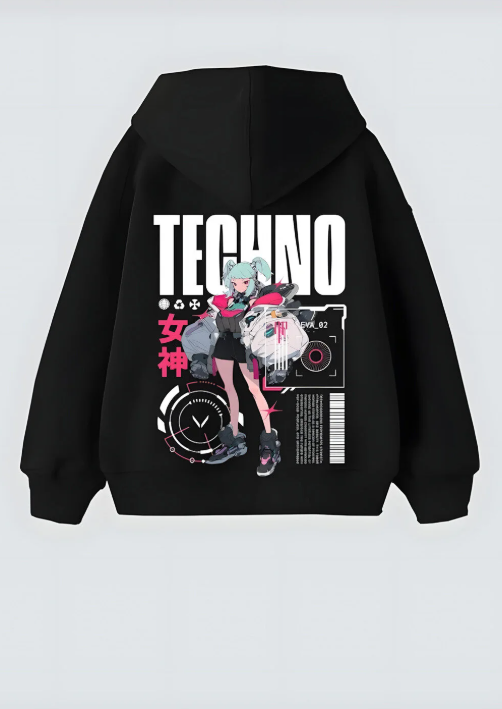Techno Girl Tasarım Unisex Oversize Kapşonlu Hoodie Sweatshirt
