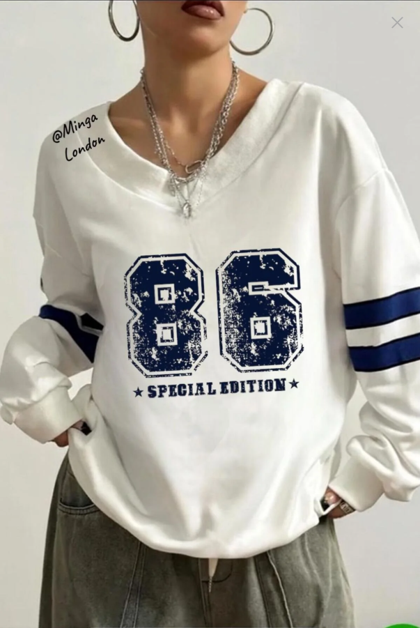 Unisex Beyaz 86 Baskılı V Yaka Oversize Sweatshirt
