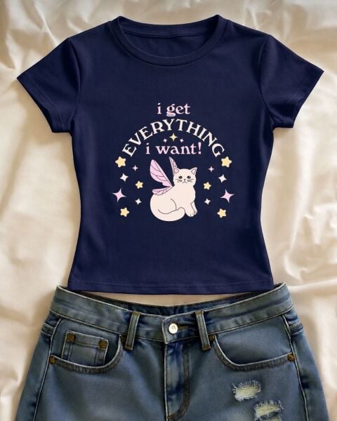 I Get Everything I Want Cat Baskılı Lacivert Kemer Boy Y2K Kısa Kollu Crop