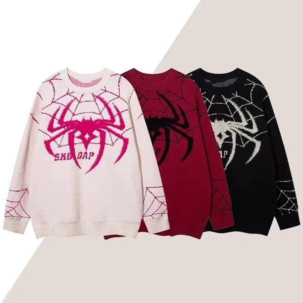 Beyaz Spider-Man Örümcek Ağı Oversize Kazak