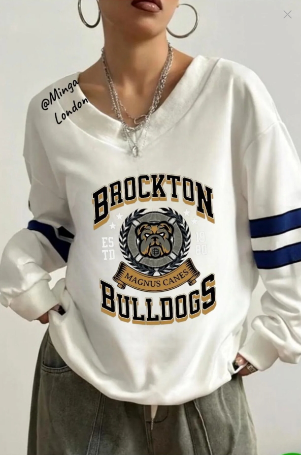 Unisex Beyaz Bulldogs Baskılı V Yaka Oversize Sweatshirt