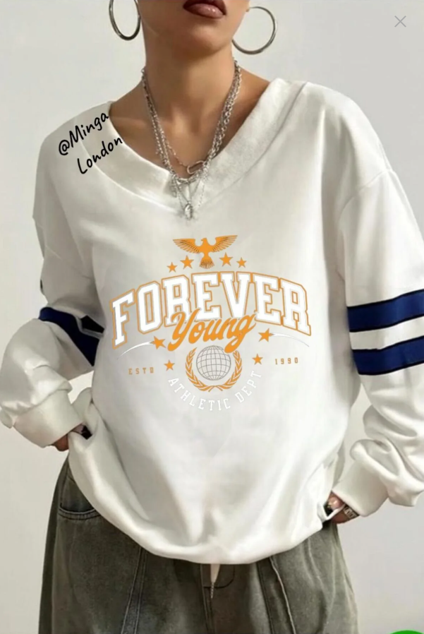 Unisex Beyaz Forever Baskılı V Yaka Oversize Sweatshirt