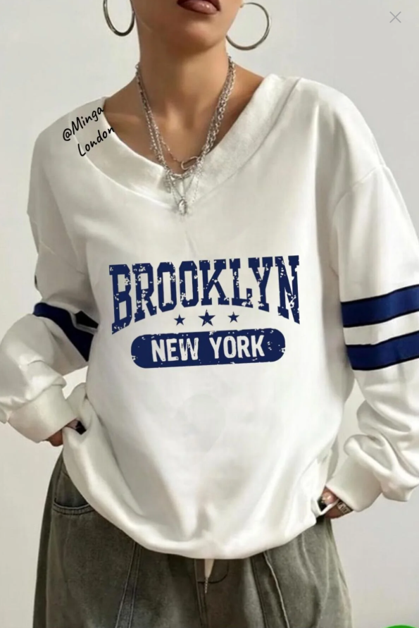 Unisex Beyaz New York Baskılı V Yaka Oversize Sweatshirt