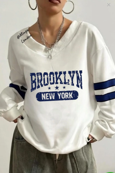 Unisex Beyaz New York Baskılı V Yaka Oversize Sweatshirt