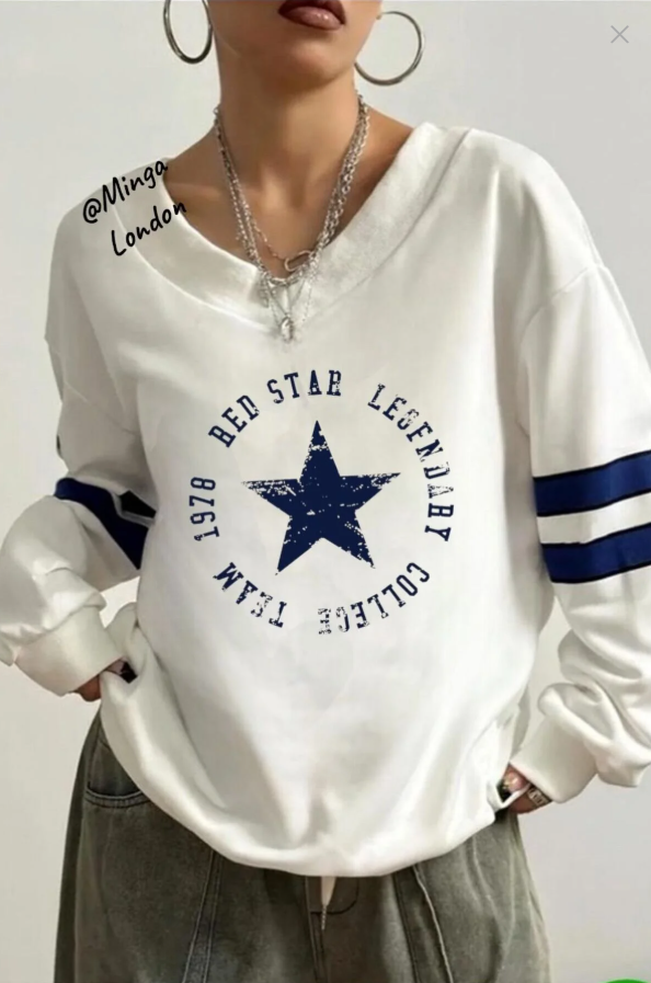 Unisex Beyaz Yıldız Baskılı V Yaka Oversize Sweatshirt