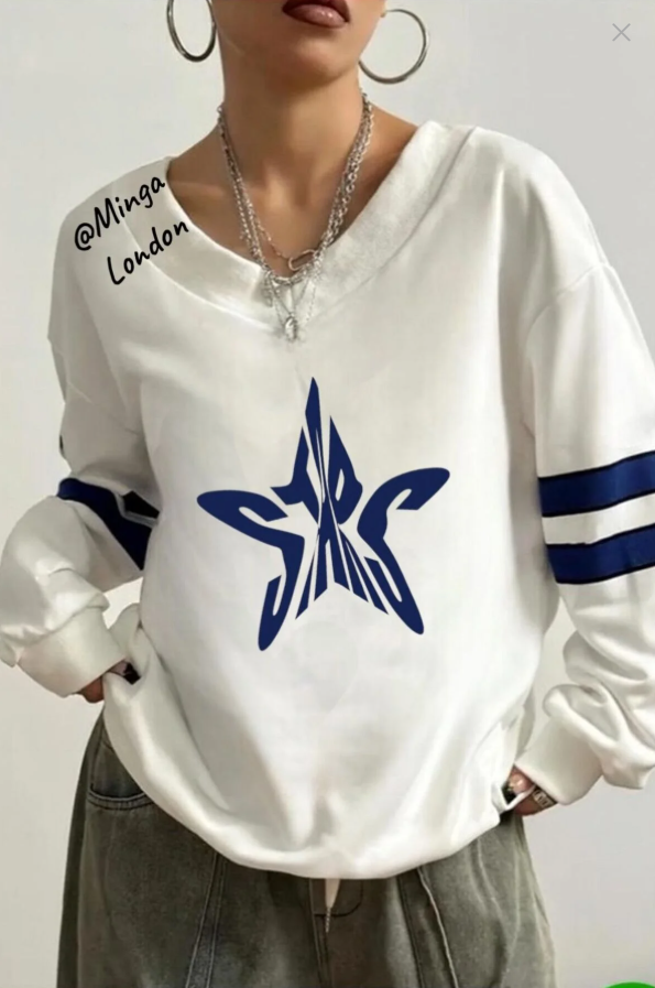 Unisex Beyaz Yıldız Baskılı V Yaka Oversize Sweatshirt