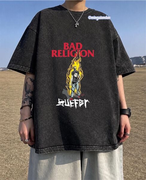 Yıkamalı Kumaş Bad Relıgıon Baskılı Oversize T-Shirt