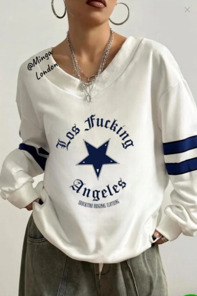 Unisex Beyaz Yıldız Baskılı V Yaka Oversize Sweatshirt