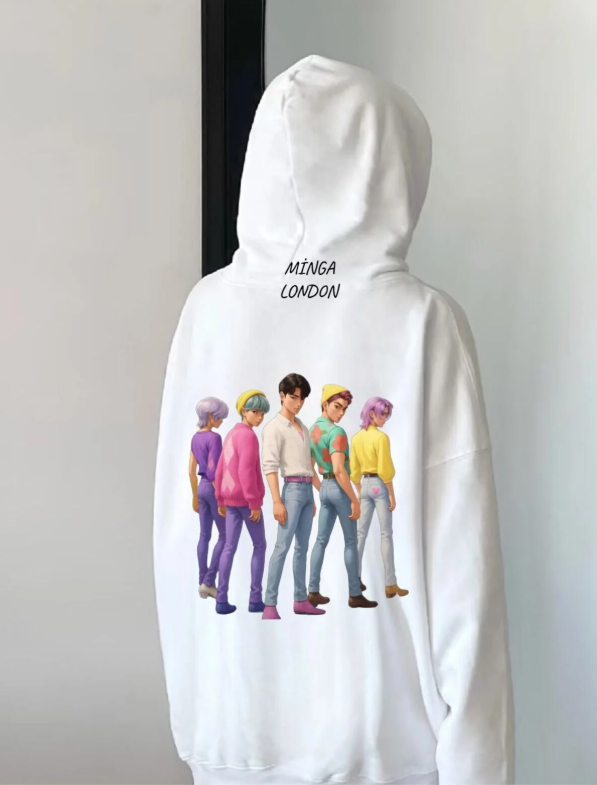 Unisex Boys Stil Renkli Baskılı Beyaz Oversize Sweatshirt