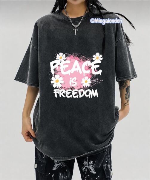 Yıkamalı Kumaş Peace Is Freedom Baskılı Oversize T-Shirt