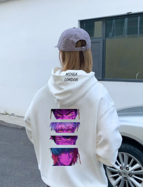 Unisex Demon Hunter Stil Renkli Baskılı Beyaz Oversize Sweatshirt