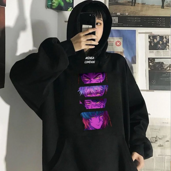 Unisex Demon Hunter Stil Renkli Ön Baskı Siyah Oversize Sweatshirt