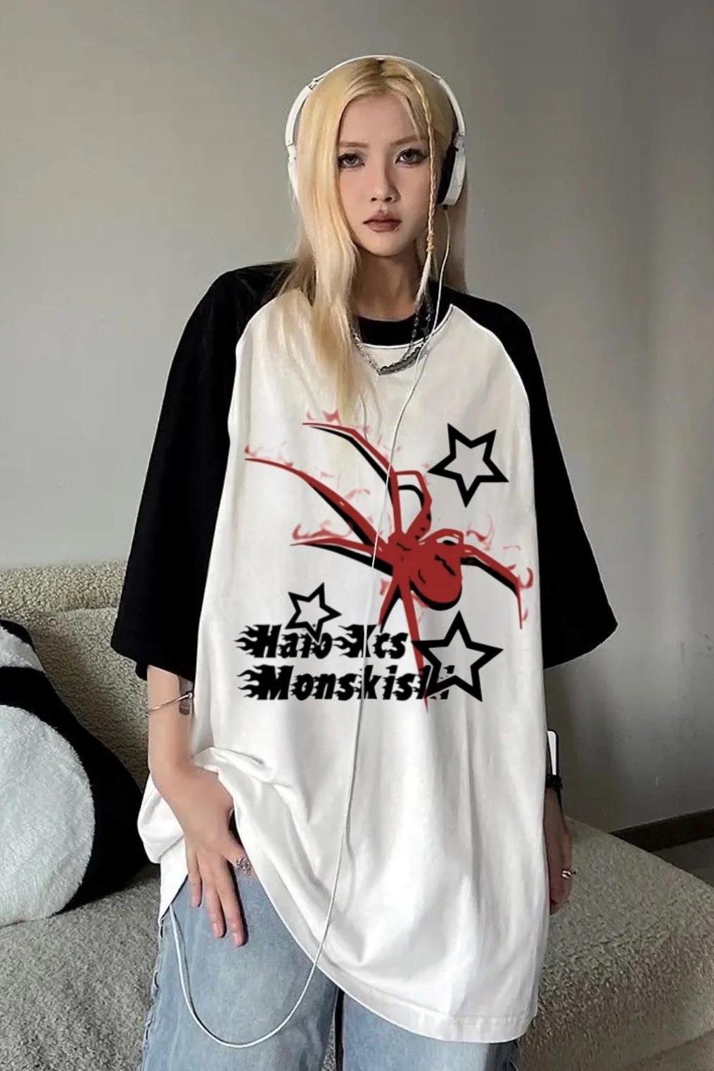 Beyaz Unisex Siyah Reglan Streetwear Spider Halo Star T-Shirt