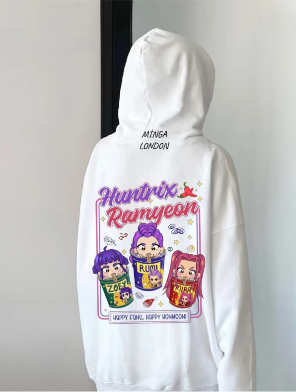 Unisex Huntrx Ramen Stil Renkli Baskılı Beyaz Oversize Sweatshirt