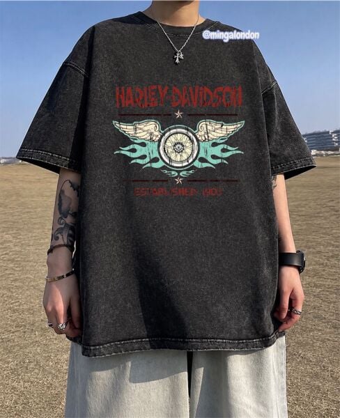 Yıkamalı Kumaş Harley Davidson Establıshed 1903 Baskılı Oversize T-Shirt