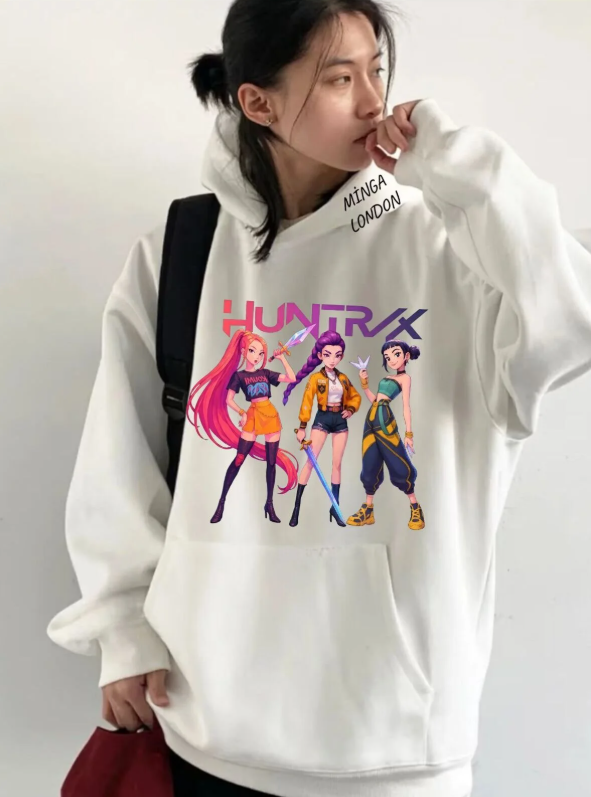 Unisex Huntrx Stil Renkli Baskılı Beyaz Oversize Sweatshirt