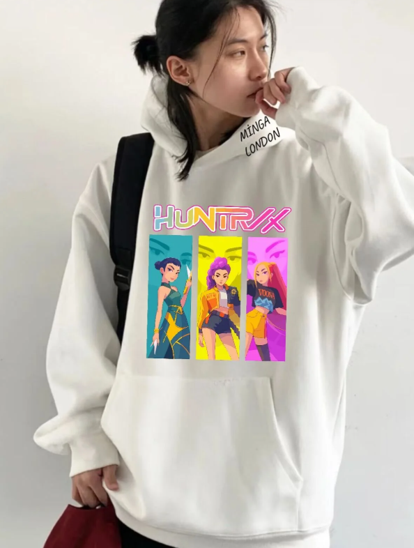 Unisex Huntrx Stil Renkli Baskılı Beyaz Oversize Sweatshirt